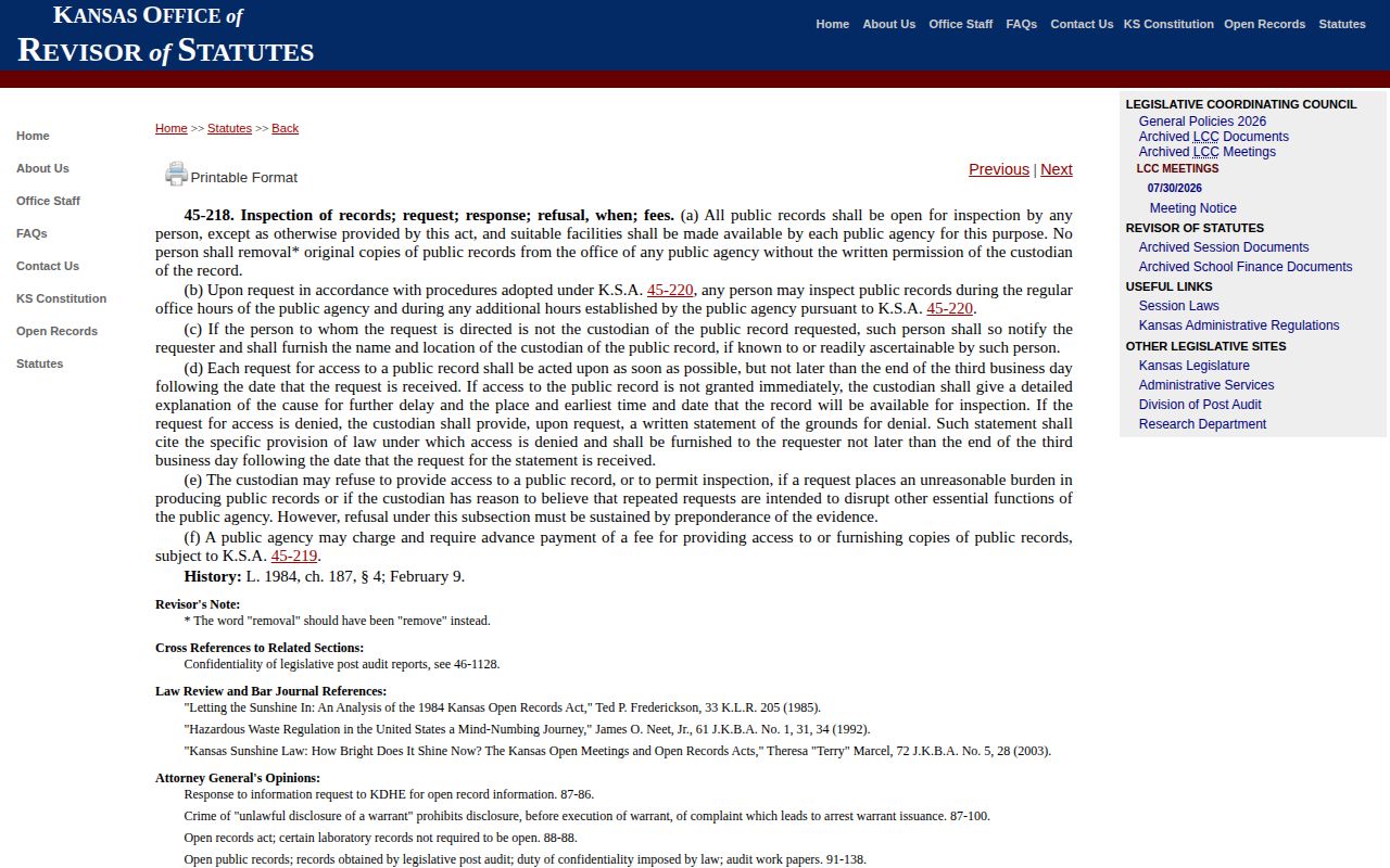 Kansas open-records response law for Wichita County 72-hour release requests